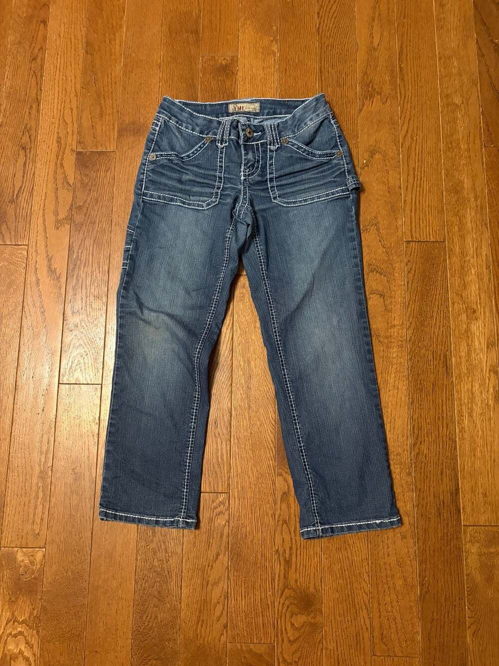 YMI Jeans Size 0 Blue Denim Capri Pants with Distressed Bottoms